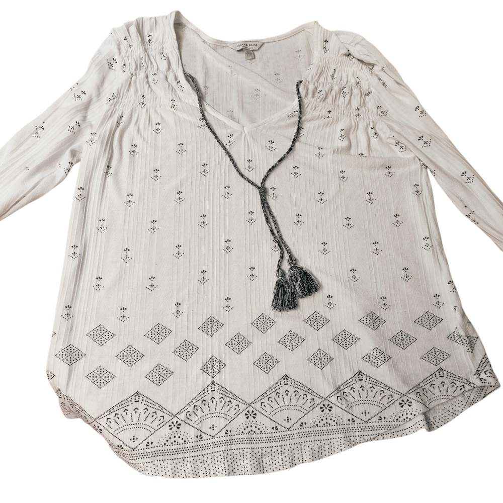 Lucky Brand Boho Peasant Tunic Top – White/Gray Print – Size Large